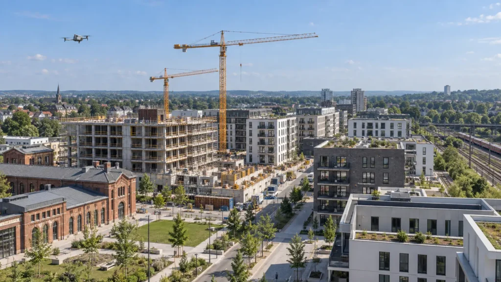Drohne über einem Bau- und Quartiersentwicklungsprojekt in der Neuen Bahnstadt Opladen in Leverkusen