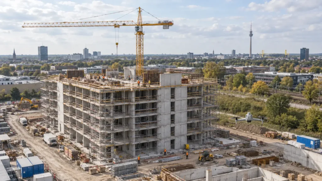 Drohne dokumentiert den Fortschritt eines Bauprojekts in Dortmund