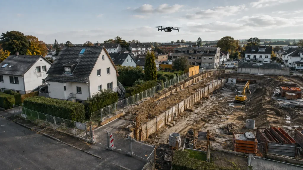Drohnenvermessung einer Baustelle und angrenzender Wohngebäude zur Beweissicherung
