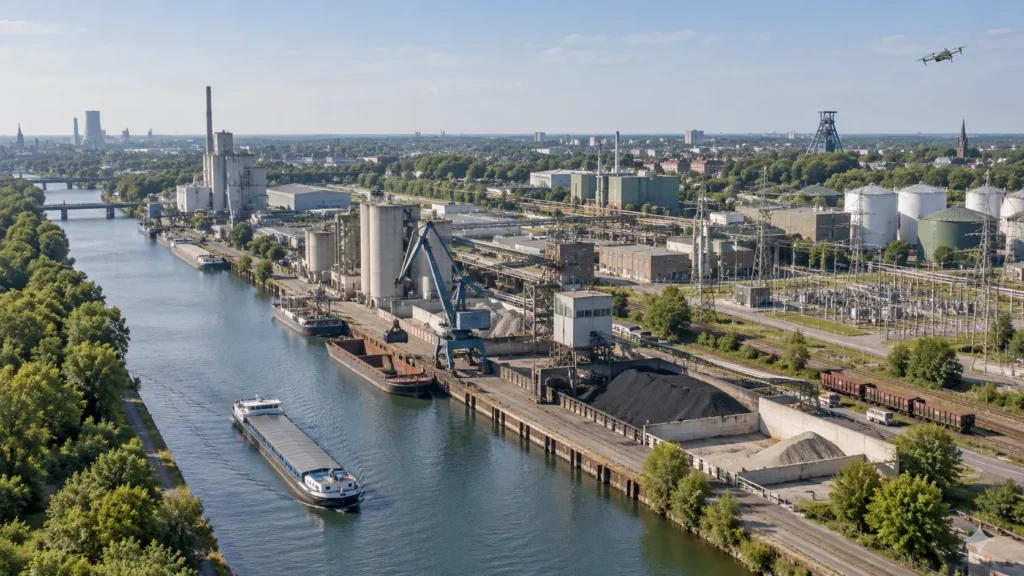 Drohne über Technologiegebäuden, Gewerbeimmobilien und einem neuen Stadtquartier in Bochum