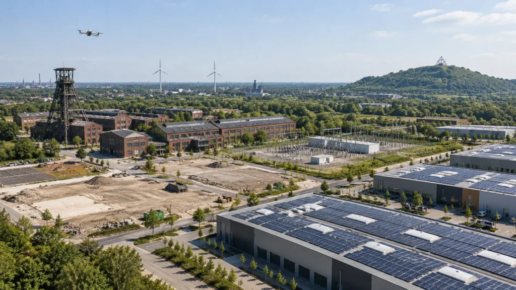 Drohne über Transformationsflächen, Solardächern und Gewerbeimmobilien in Bottrop