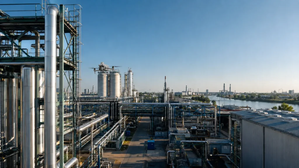 DJI Matrice 4T bei der Inspektion einer Industrieanlage in Krefeld-Uerdingen