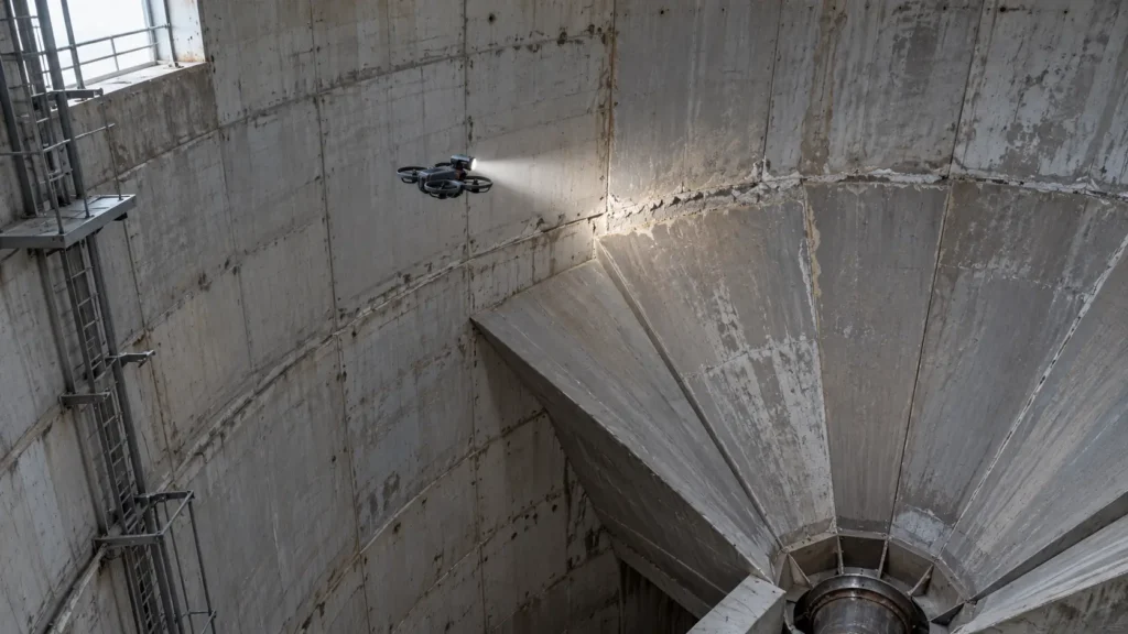 Innenraum eines leeren Silos mit Wandflächen und Auslauftrichter