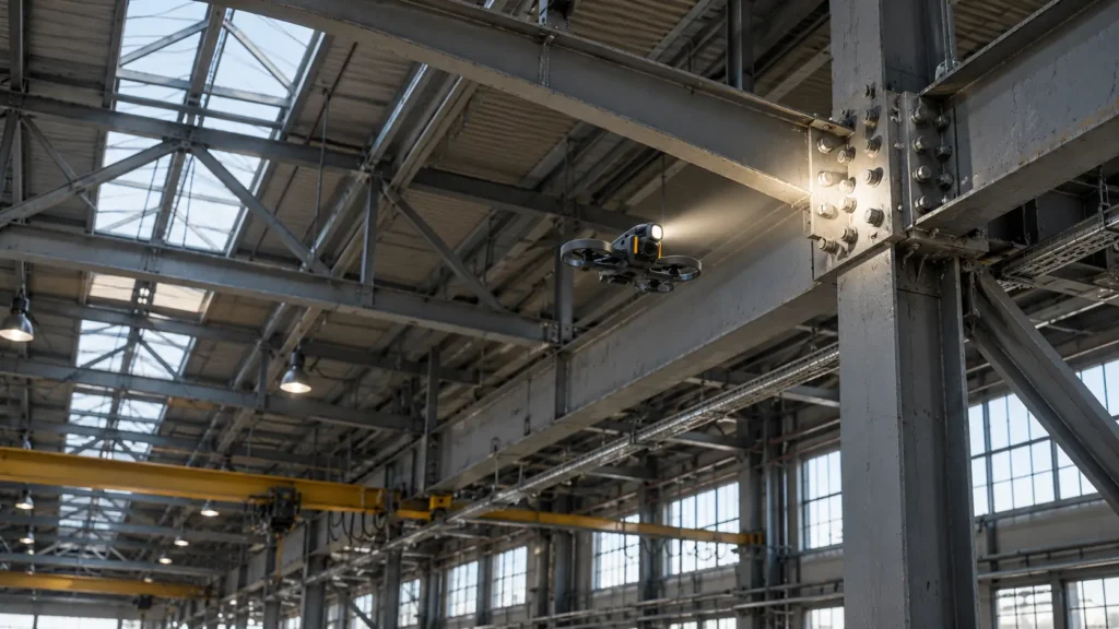 Drohne mit Zusatzbeleuchtung bei der Sichtkontrolle eines Stahlträgerknotens in einer Industriehalle
