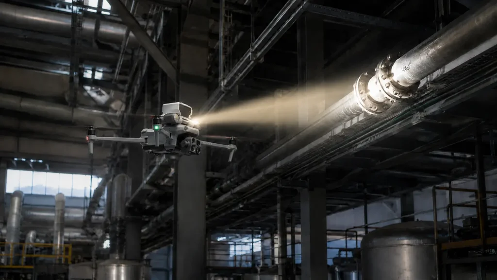DJI Matrice 4T mit Scheinwerfer bei der Inspektion einer Rohrleitung in einer Industriehalle