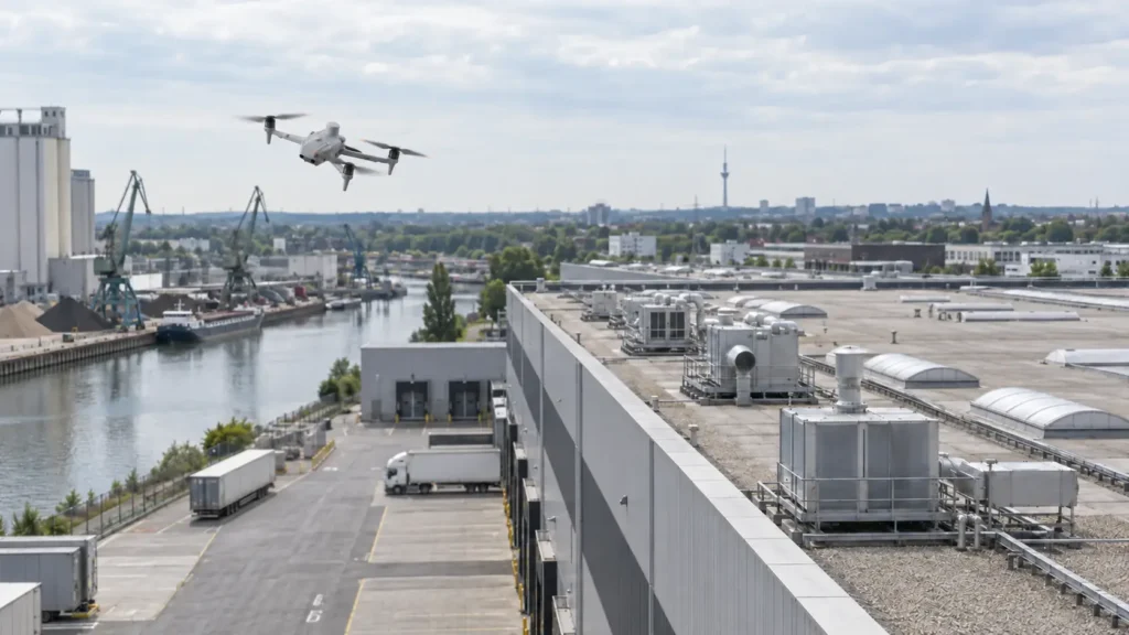 Drohne bei der Inspektion von Hallen und Logistikflächen im Dortmunder Hafen