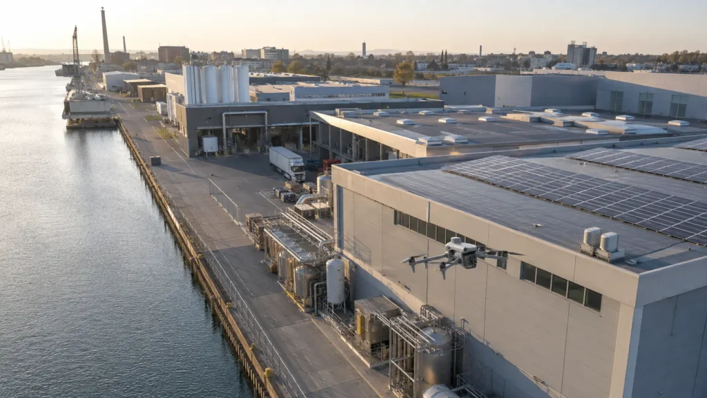 DJI Matrice 4T bei der Inspektion einer Gewerbehalle im Düsseldorfer Hafen