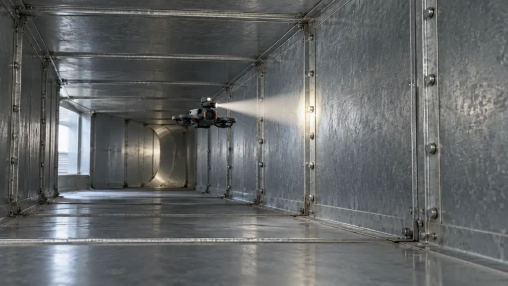 Innenansicht eines groß dimensionierten Lüftungskanals mit sichtbaren Verbindungen
