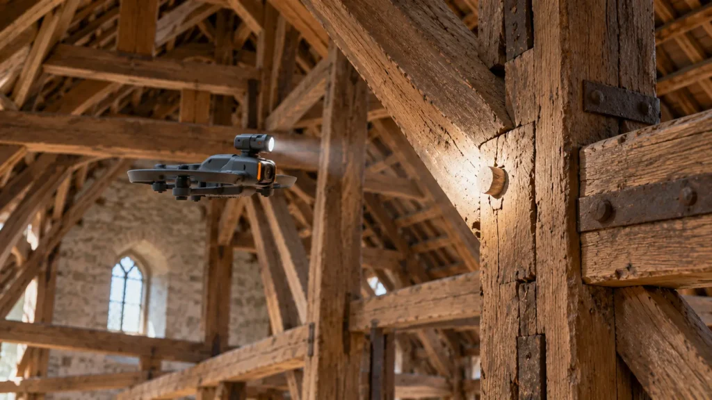 Holzbalken und Verbindungen im Dachstuhl eines historischen Gebäudes