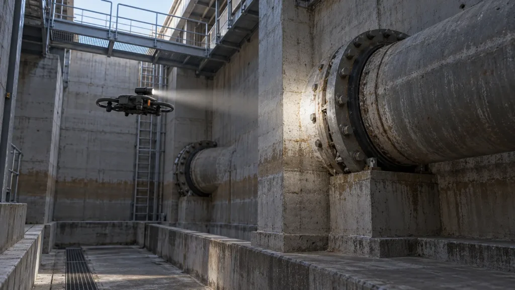 Trockengelegter Innenraum eines Abwasserbauwerks mit Betonwänden und Rohranschlüssen