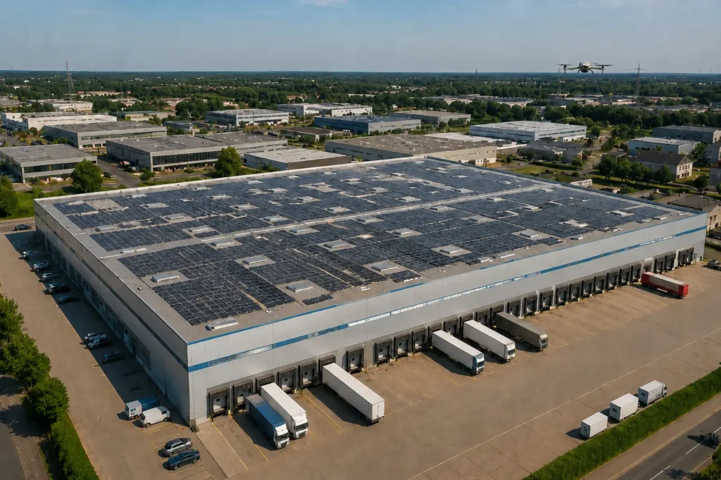 Drohne bei der Inspektion eines Gewerbedachs mit Photovoltaikanlage in Neuss