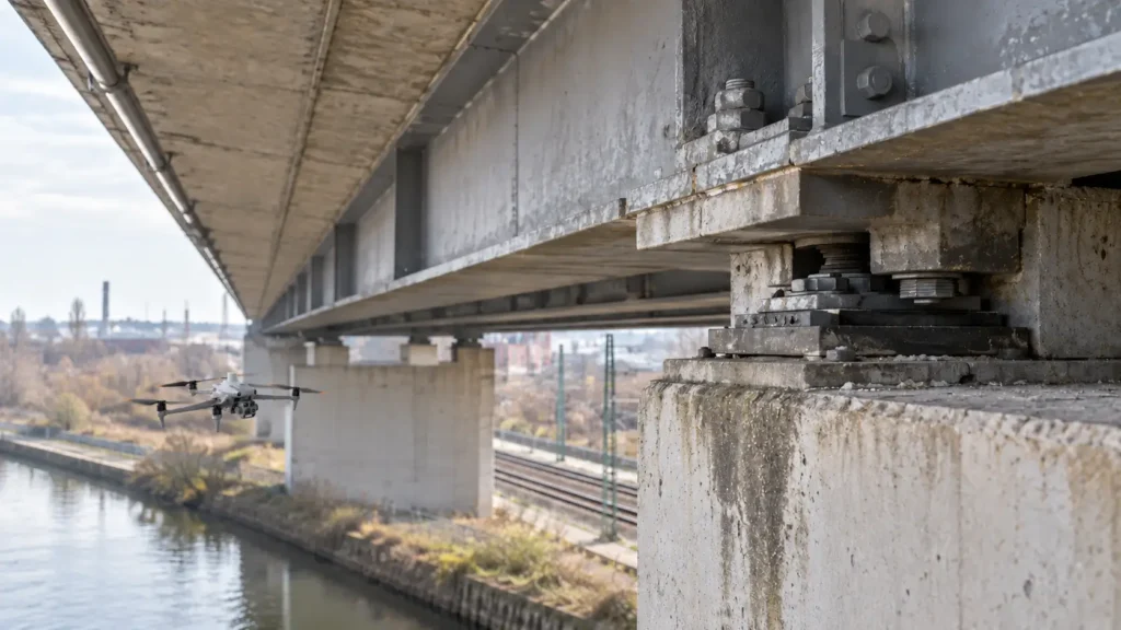 Drohne bei der visuellen Inspektion einer Brücke in Dortmund