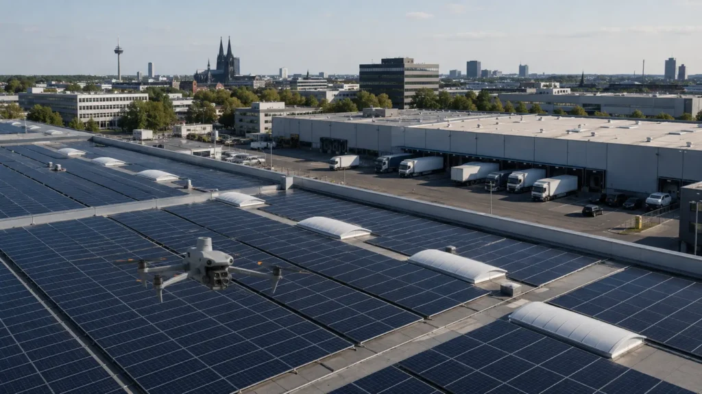 DJI Matrice 4T bei der Inspektion einer Photovoltaikanlage auf einem Hallendach in Köln