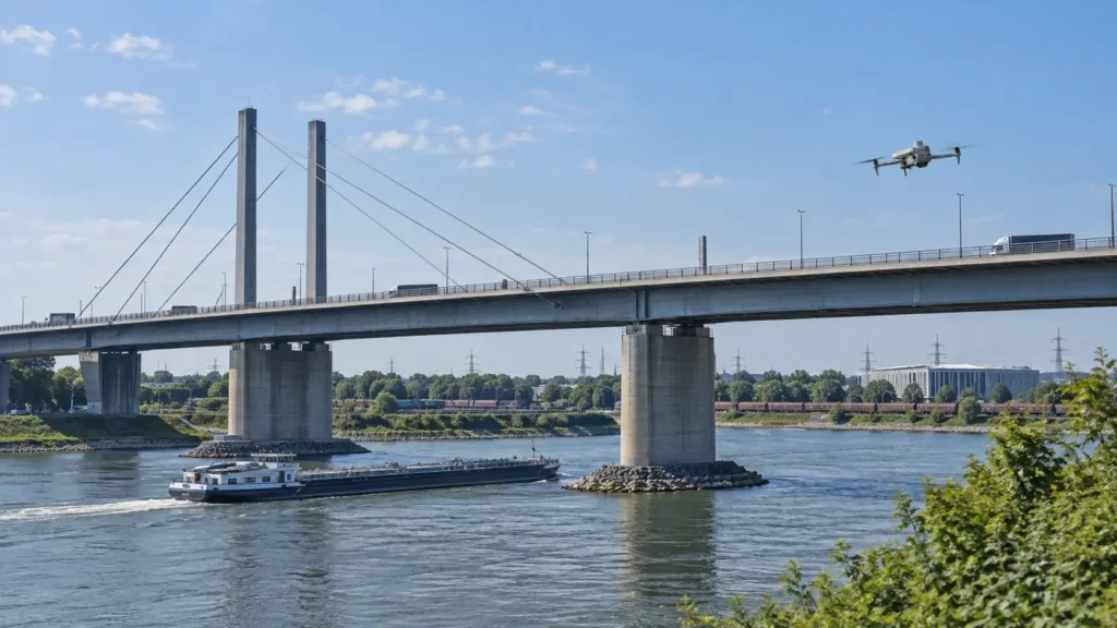Drohne bei der Inspektion einer Rheinbrücke mit Bahnstrecke und öffentlichem Gebäude in Leverkusen