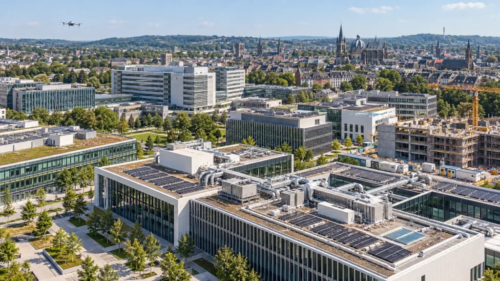 Kleine Drohne über Forschungsgebäuden, technischen Dachanlagen und einem Bauprojekt in Aachen