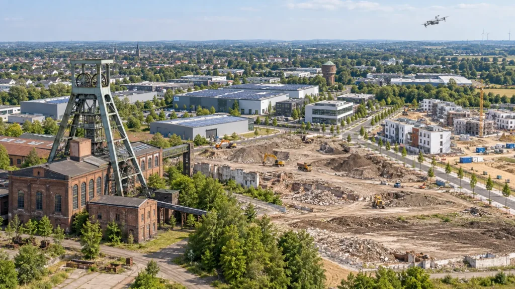 Drohne über ehemaligem Zechengelände, Gewerbehallen und neuen Bauflächen in Alsdorf