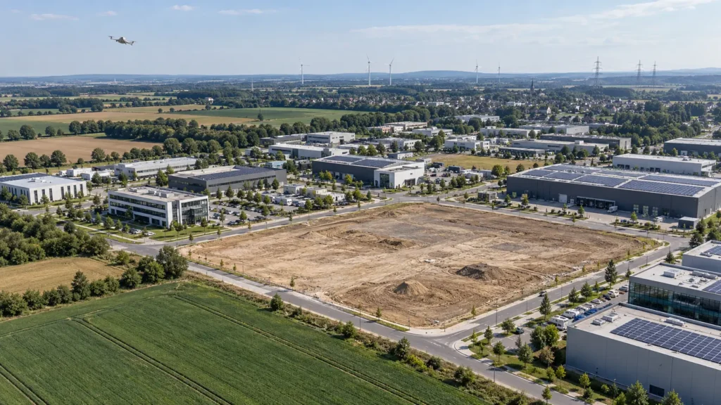 Drohne über Technologiepark, Gewerbehallen und offener Projektfläche in Baesweiler