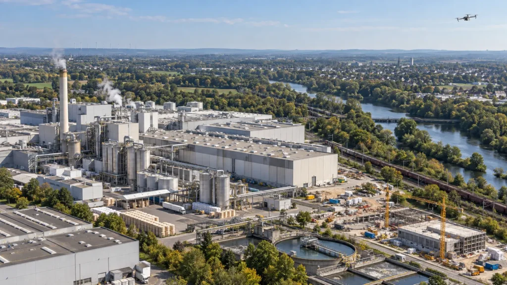Drohne über Papierfabrik, Produktionshallen und Baustelle an der Rur in Düren