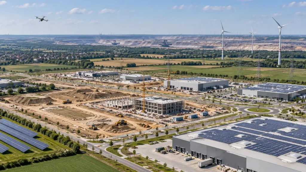 Drohne über Bauflächen, Gewerbehallen, Solaranlagen und Windenergieanlagen bei Erkelenz
