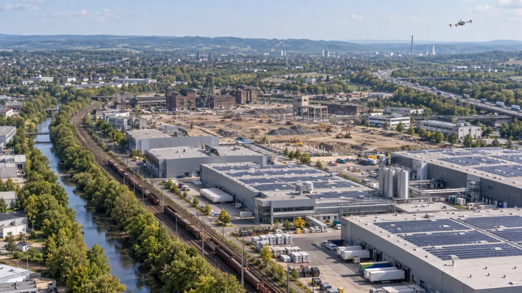 Drohne über Industriehallen, Bahnstrecke und Transformationsfläche in Eschweiler