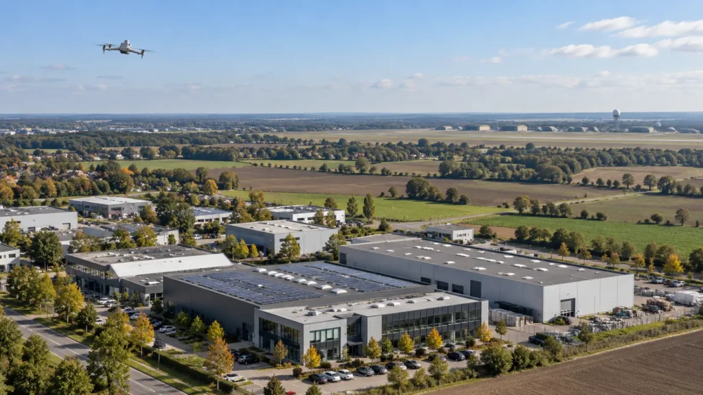 Drohne über Gewerbehallen und Photovoltaikanlagen bei Geilenkirchen mit Flugplatz im Hintergrund