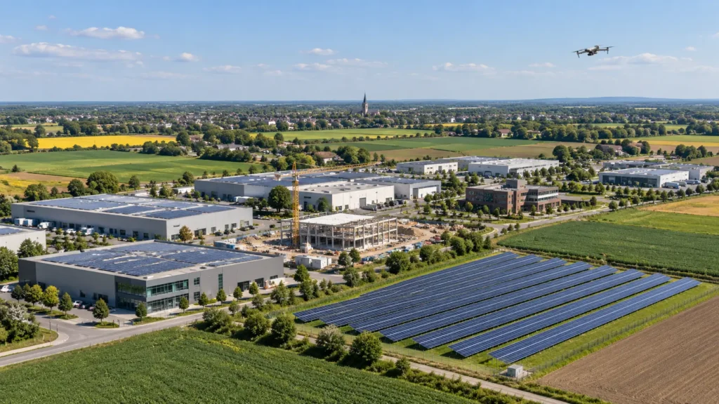 Kleine Drohne über Gewerbehallen, Solarpark und landwirtschaftlichen Flächen in Heinsberg
