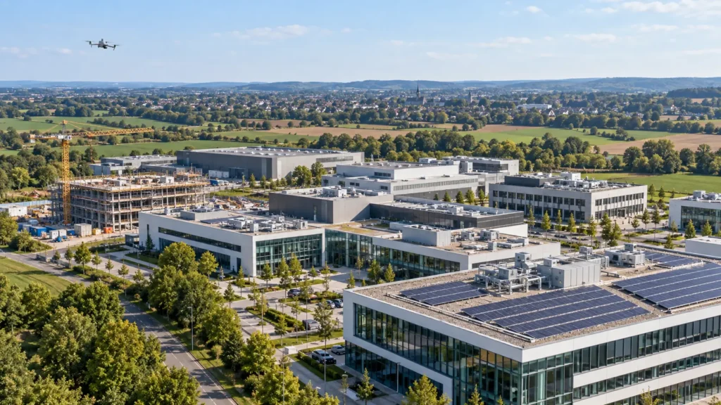 Kleine Drohne über Technologiegebäuden, Gewerbehallen und Photovoltaikanlagen in Herzogenrath