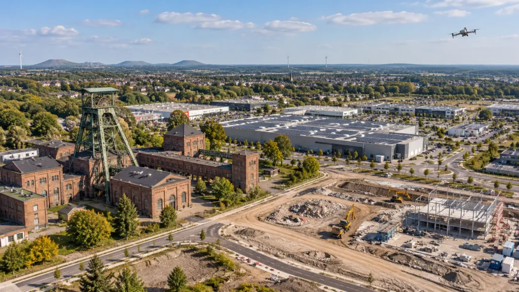 Drohne über ehemaliger Zechenanlage, Gewerbehallen und neuen Bauflächen in Hückelhoven