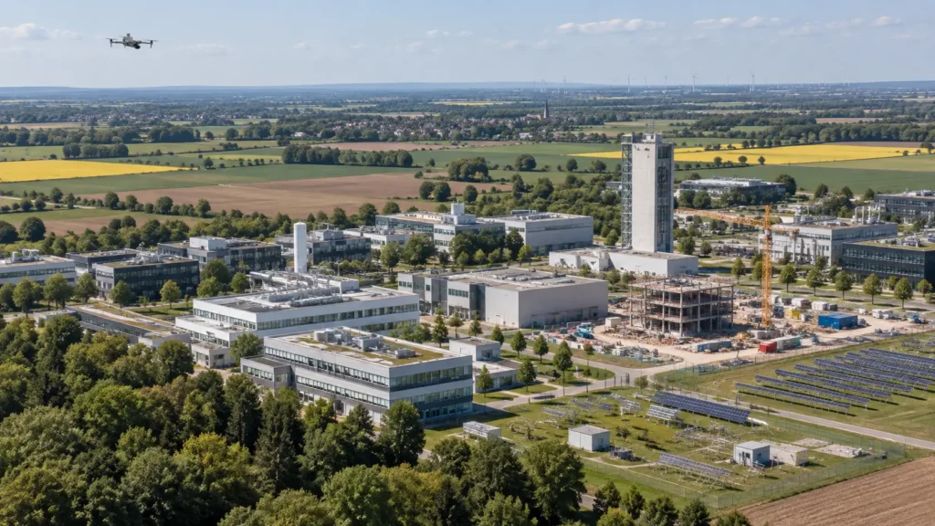 Drohne über Forschungscampus, Laborgebäuden und Photovoltaikanlagen in Jülich
