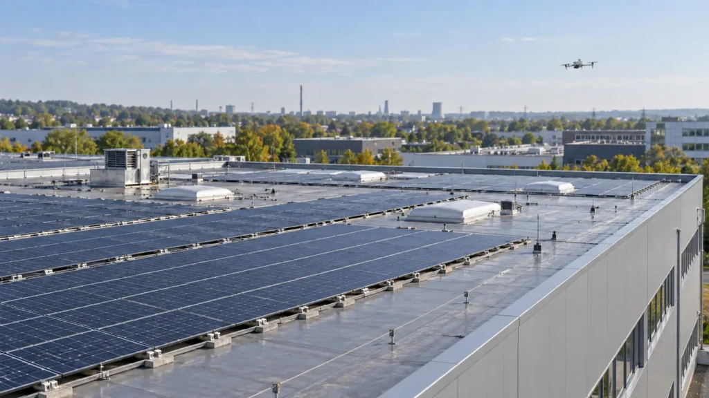 Drohne über einem Gewerbedach mit Lichtkuppeln und Photovoltaikanlage in Leverkusen