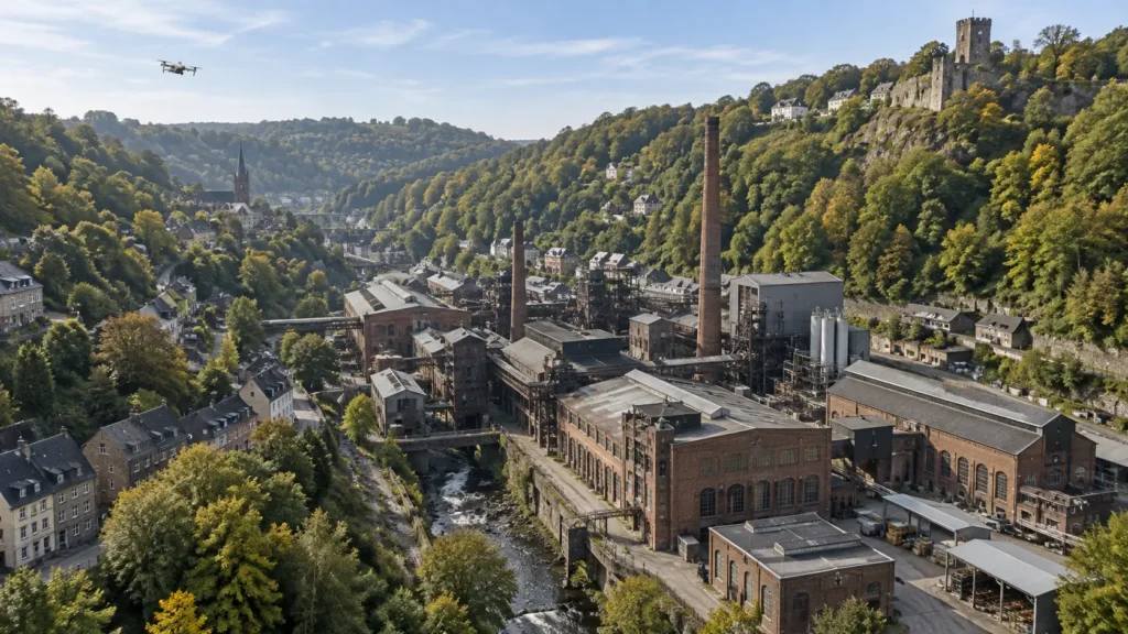 Drohne über Industriegebäuden, Schornsteinen und technischen Anlagen in der Tallage von Stolberg