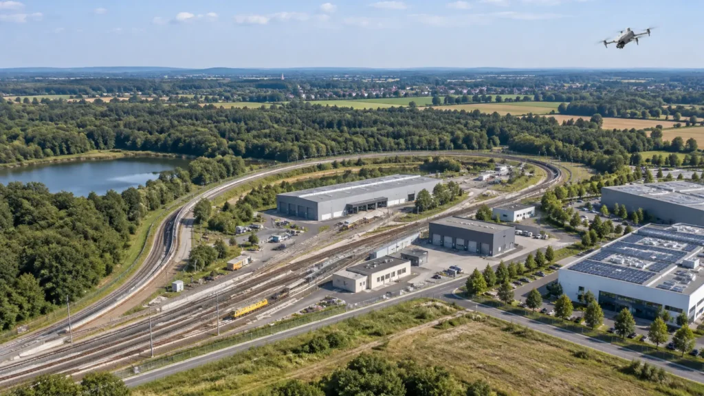 Drohne über Bahn-Teststrecken, Gewerbehallen und Landschaftsflächen in Wegberg