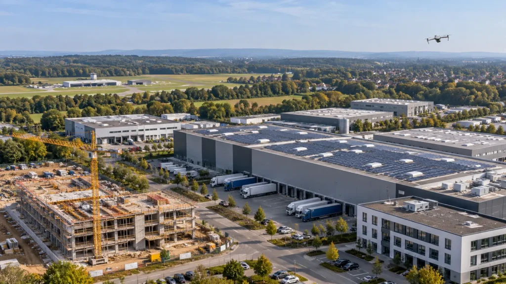 Drohne über Logistikhallen mit Photovoltaikanlagen und Baustelle in Würselen