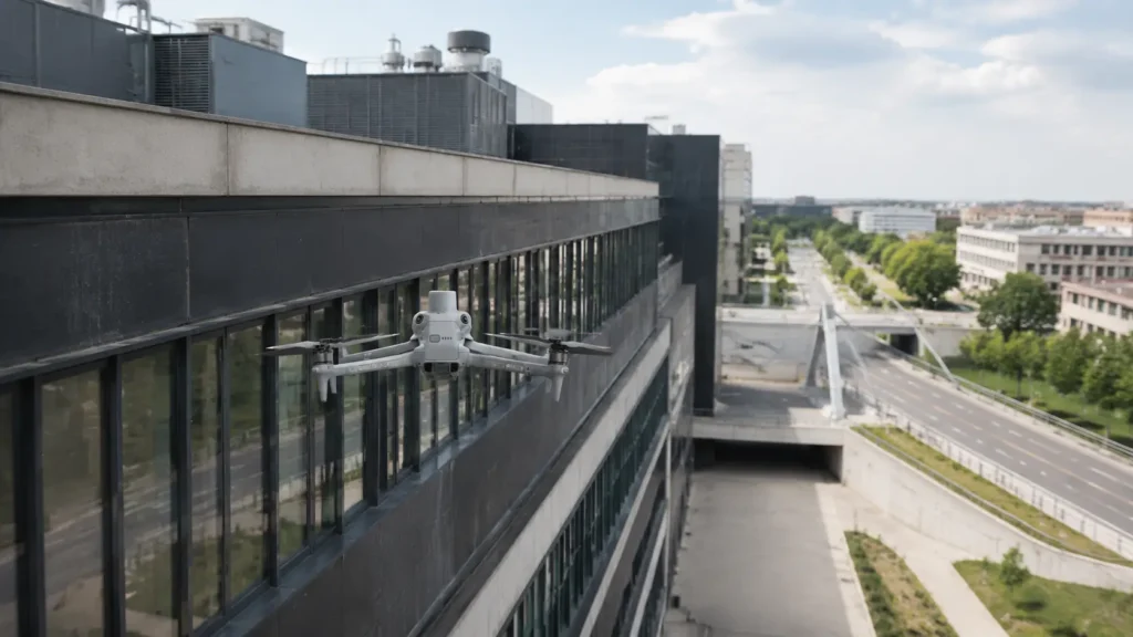 DJI Matrice 4T von hinten bei der Inspektion eines öffentlichen Gebäudes und angrenzender Verkehrsinfrastruktur in Düsseldorf