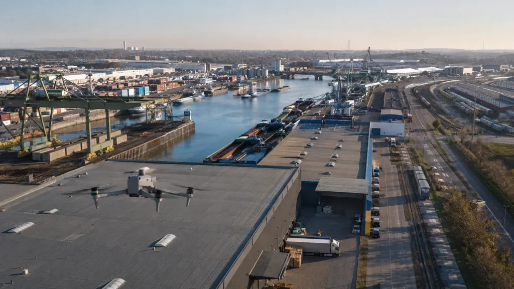 DJI Matrice 4T über Terminals und Logistikflächen im Duisburger Hafen
