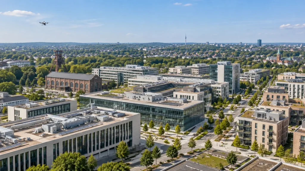 Drohne über Industrieanlagen, Energieinfrastruktur und einem Kanalhafen in Gelsenkirchen