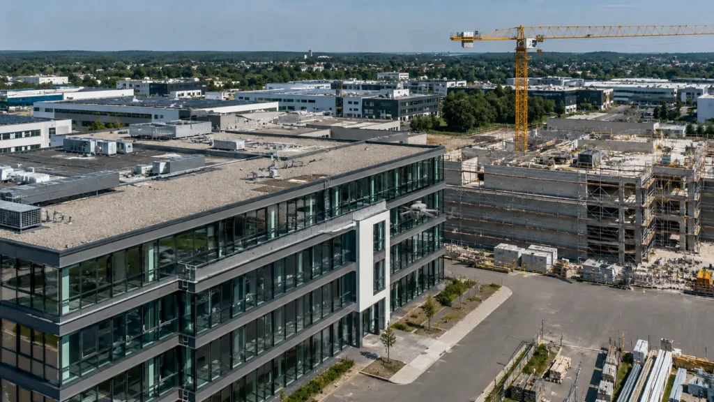 DJI Matrice 4T bei der Fassadeninspektion einer Gewerbeimmobilie in Krefeld