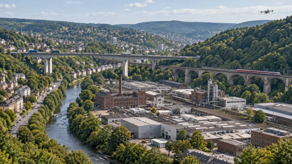 Drohne über Industriegebäuden, Brücken und Bahntrassen in einer Tallage von Hagen