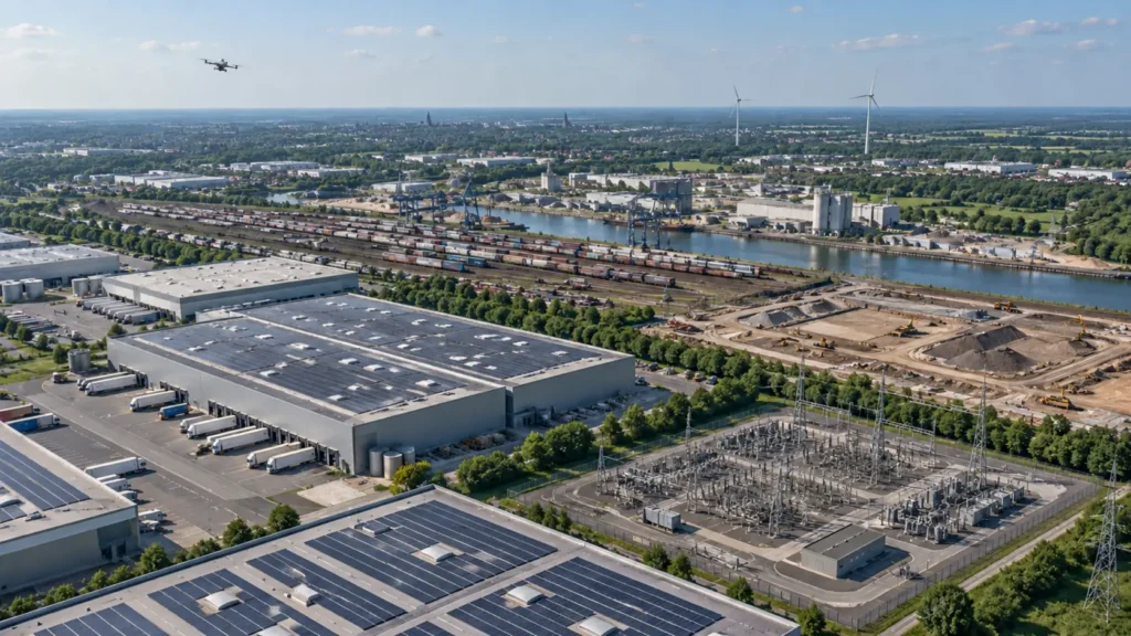 Drohne über Logistikhallen, Solaranlagen, Energieinfrastruktur und Projektflächen in Hamm