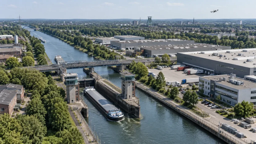 Drohne über einer Kanalschleuse, Logistikhallen und Gewerbeimmobilien in Herne