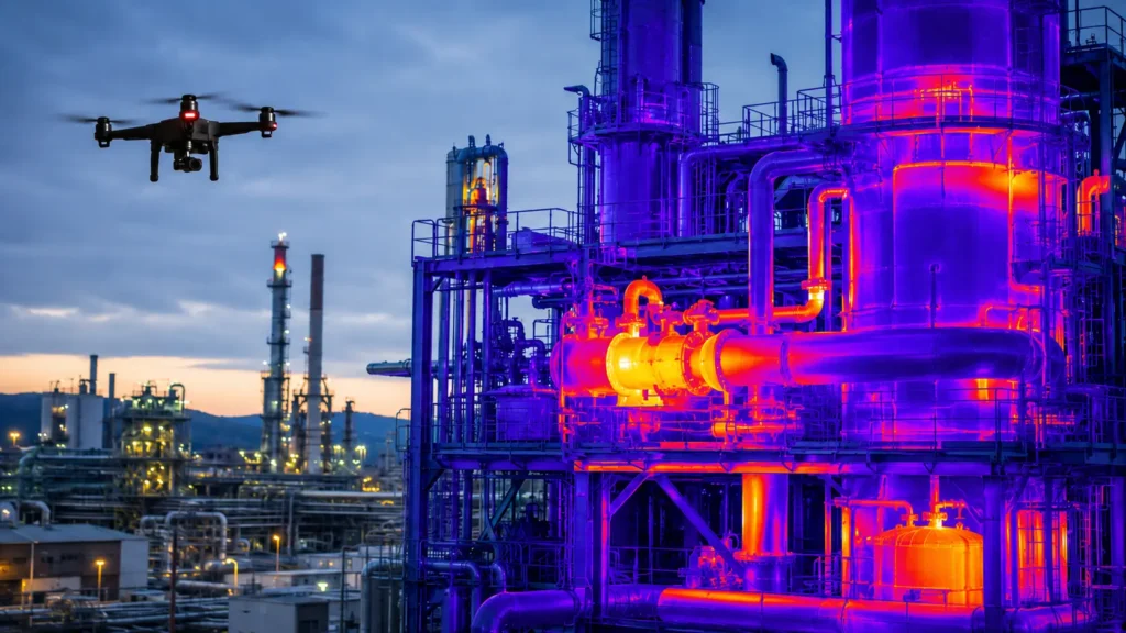 Drohne bei der Thermografie einer Industrieanlage mit eingeblendeter Wärmebildaufnahme