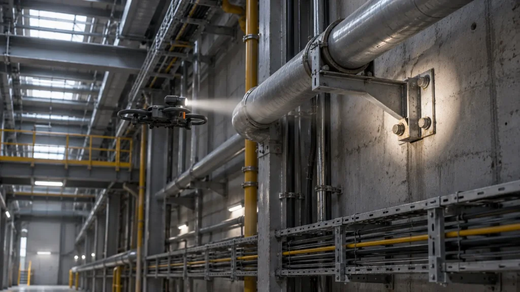 Drohne mit Zusatzbeleuchtung bei der Inneninspektion einer Industriehalle mit Rohrleitungen und Stahlkonstruktionen.