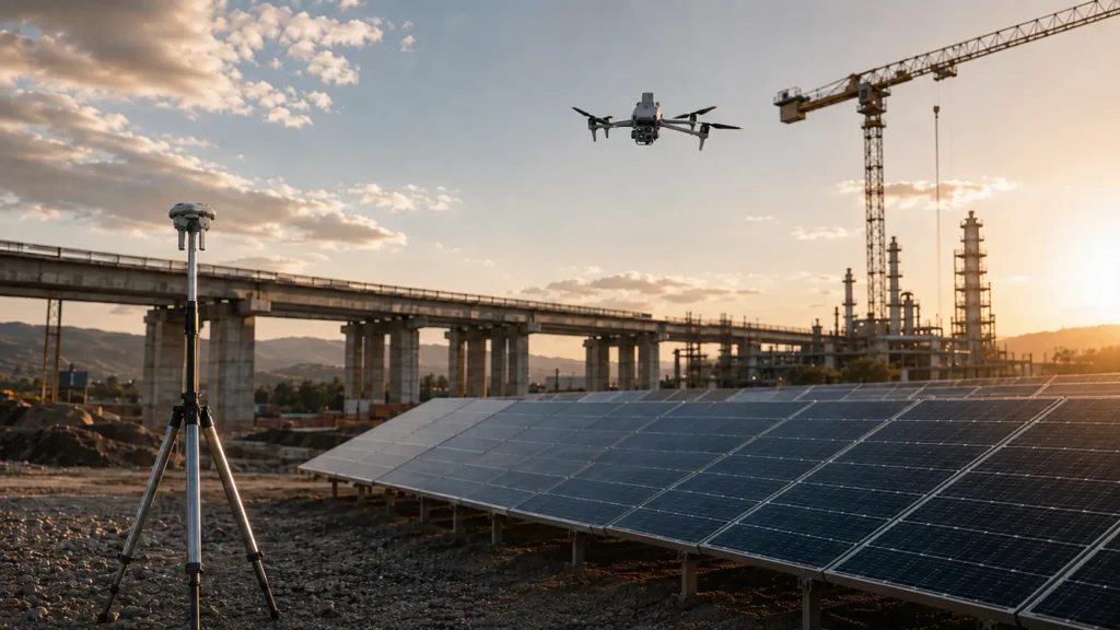 DJI Matrice 4T und DJI D-RTK 3 über einer Industrie- und Solaranlage