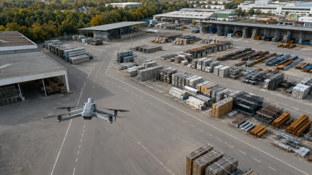 DJI Matrice 4T von hinten über einer Betriebsfläche mit Außenlagern in Mönchengladbach
