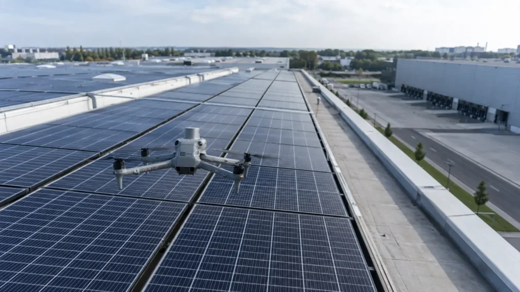 DJI Matrice 4T von hinten über einer Photovoltaikanlage auf einer Logistikhalle in Mönchengladbach