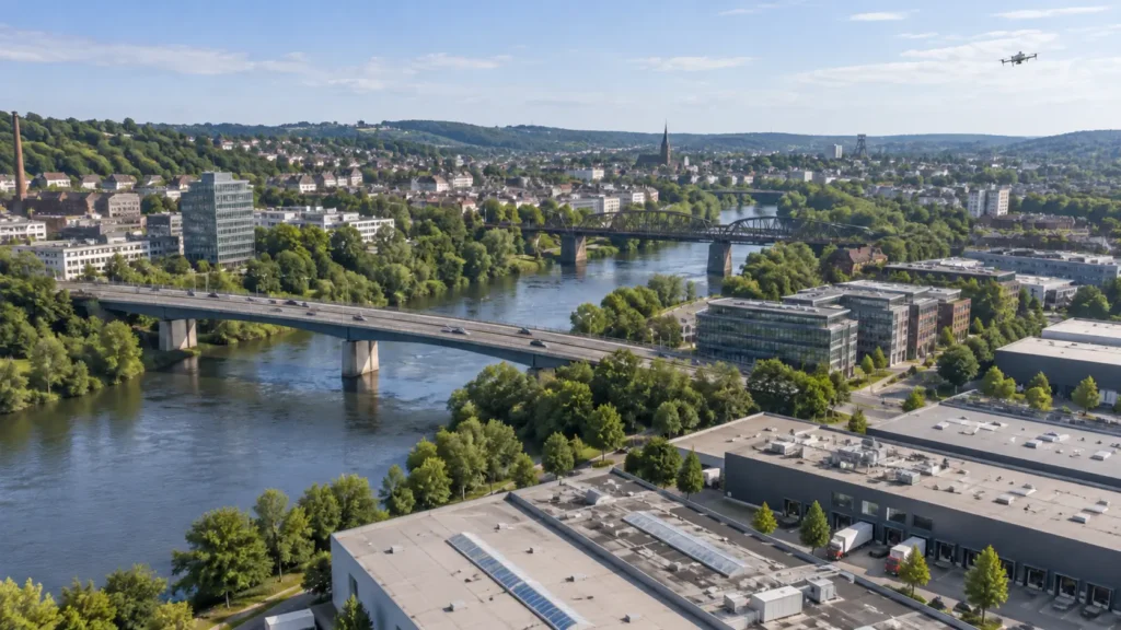 Drohne über der Ruhr mit Brücken, Gebäuden und Gewerbestandorten in Mülheim