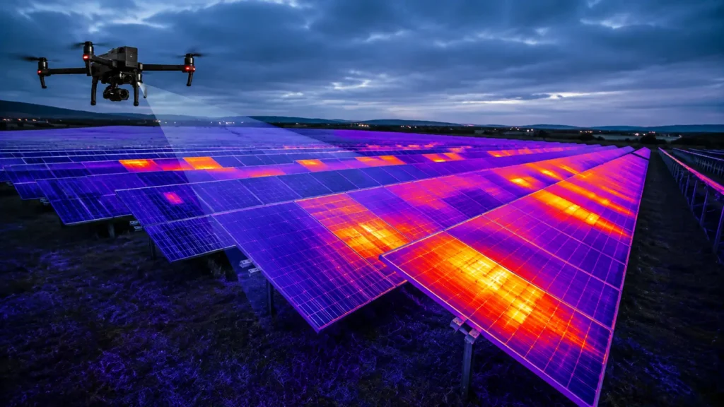 Drohne bei der thermografischen Prüfung eines Solarparks mit eingeblendeter Wärmebildaufnahme
