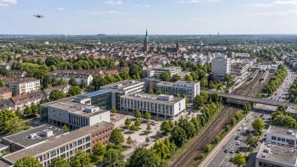 Drohne über öffentlichen Gebäuden, Immobilien und Verkehrsinfrastruktur in Recklinghausen