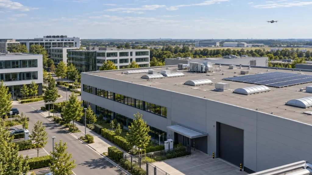 DJI Matrice 4T über einem Büropark und Hallendach in Ratingen