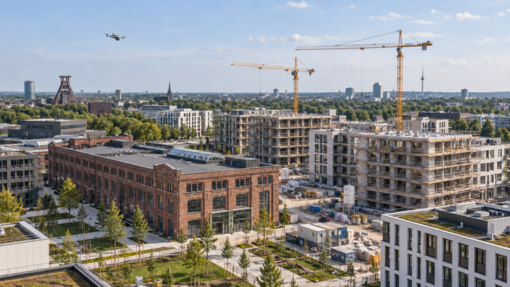 Drohne dokumentiert den Fortschritt eines Bauprojekts in Essen